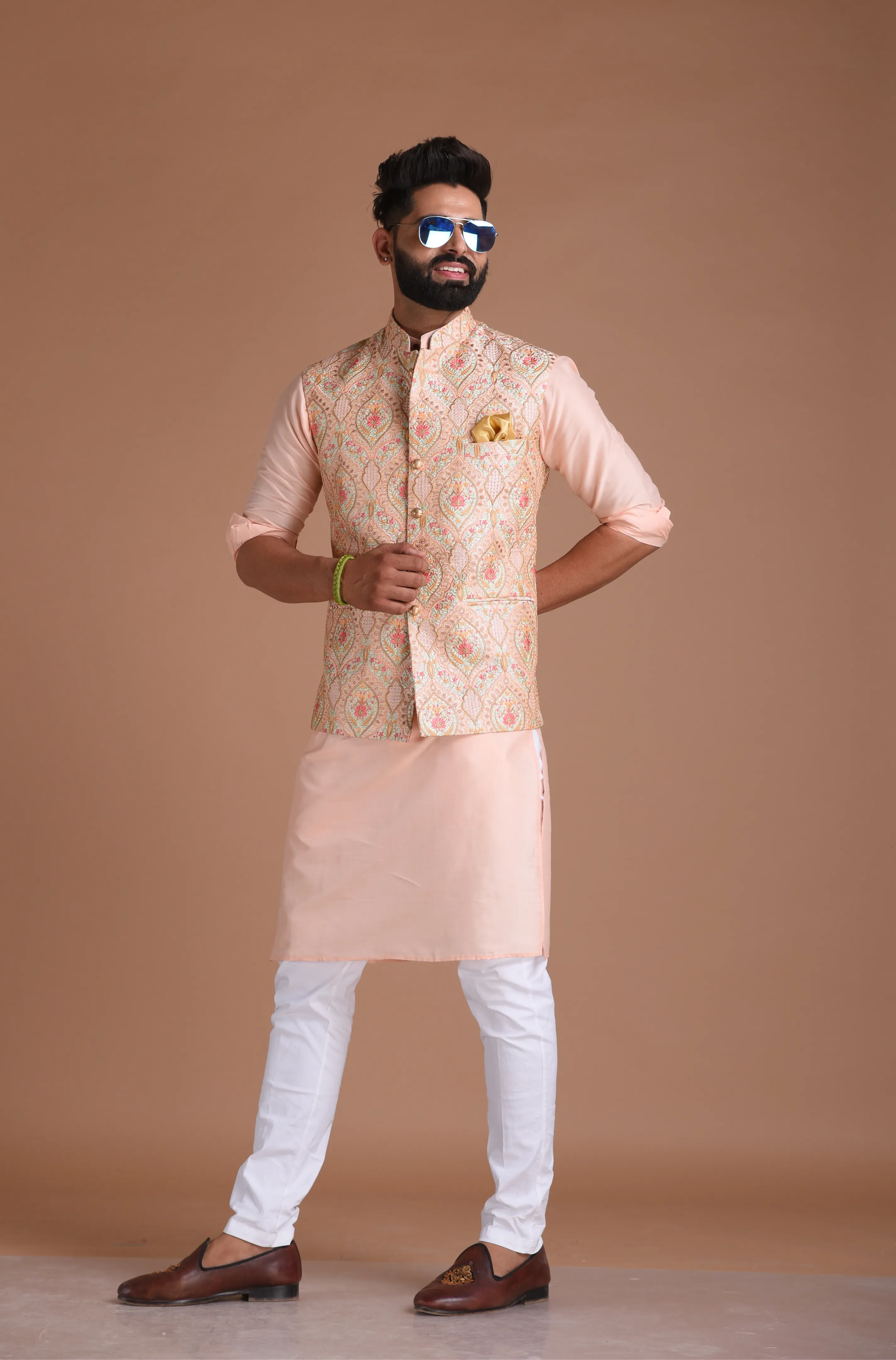 Elegant Banarasi Light Pink Color Half Jodhpuri Jacket With Silk Kurta Pajama Set