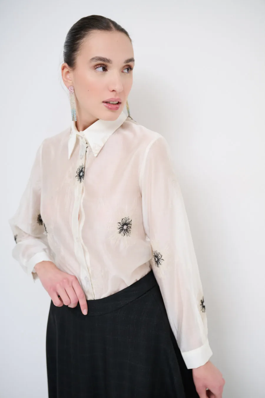 Embroidered button-up shirt with floral detailing wholesale