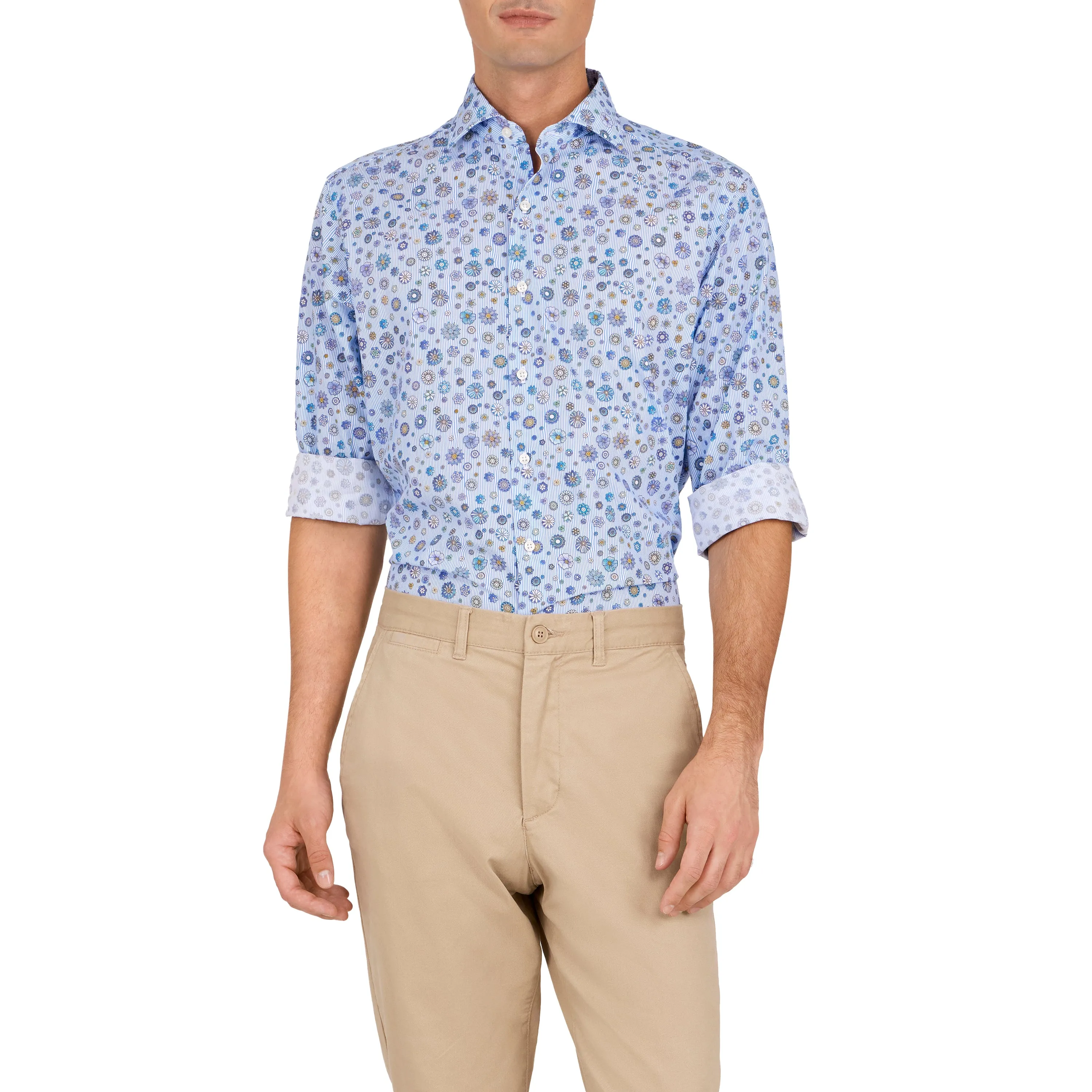 Havana '32 Blue Pinstripe Ground Repeating Flower Print Sport Shirt