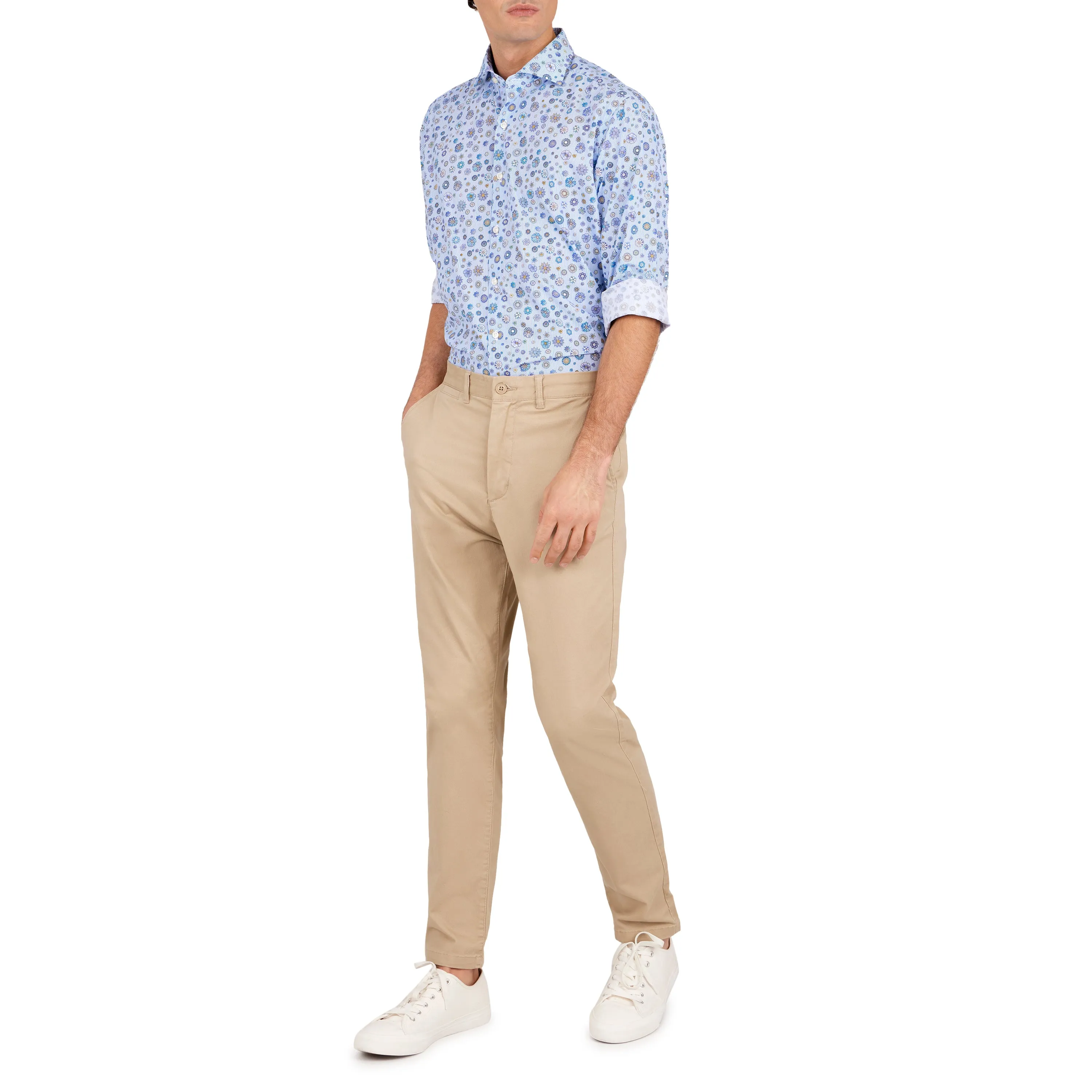 Havana '32 Blue Pinstripe Ground Repeating Flower Print Sport Shirt
