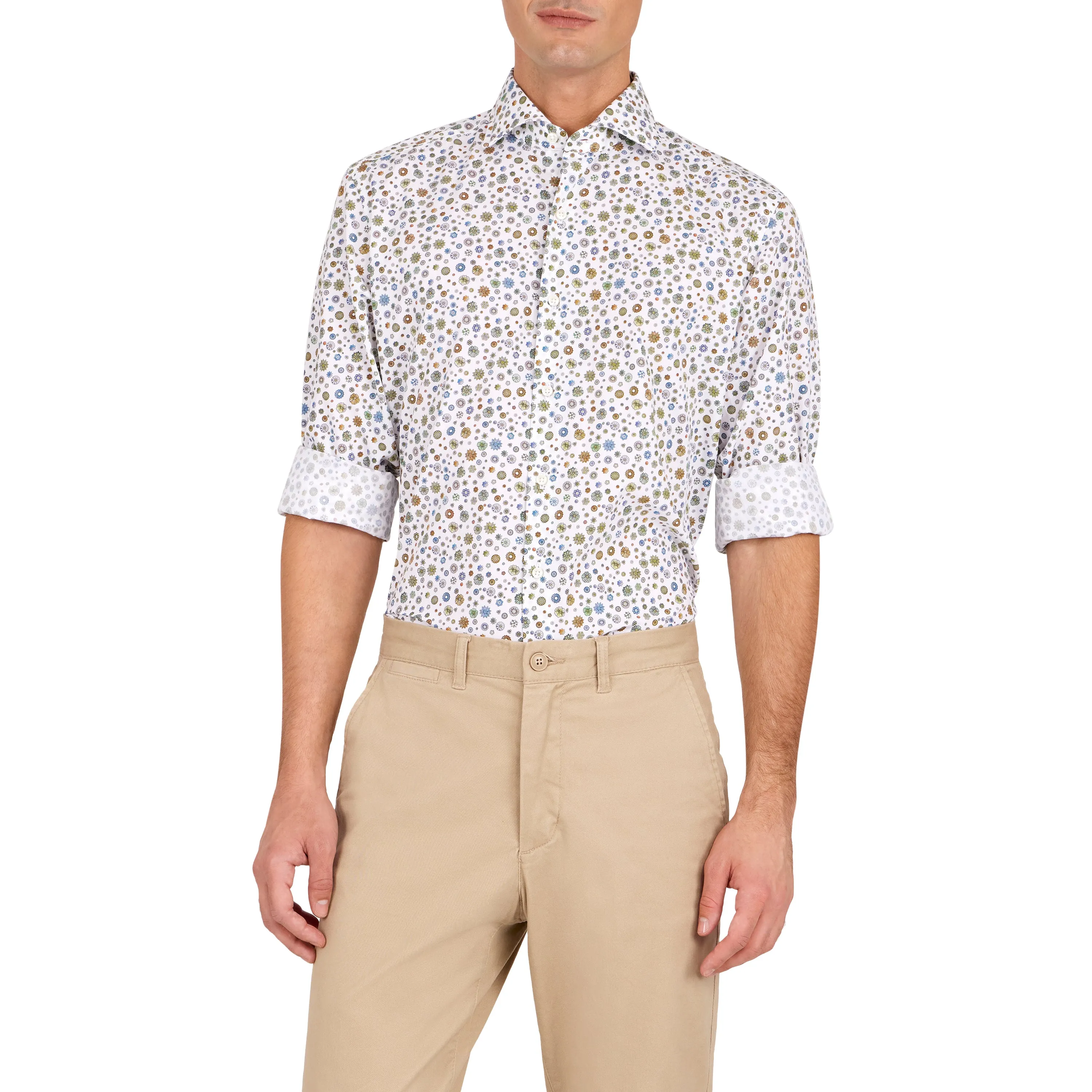 Havana '32 White Ground Repeating Flower Print Sport Shirt