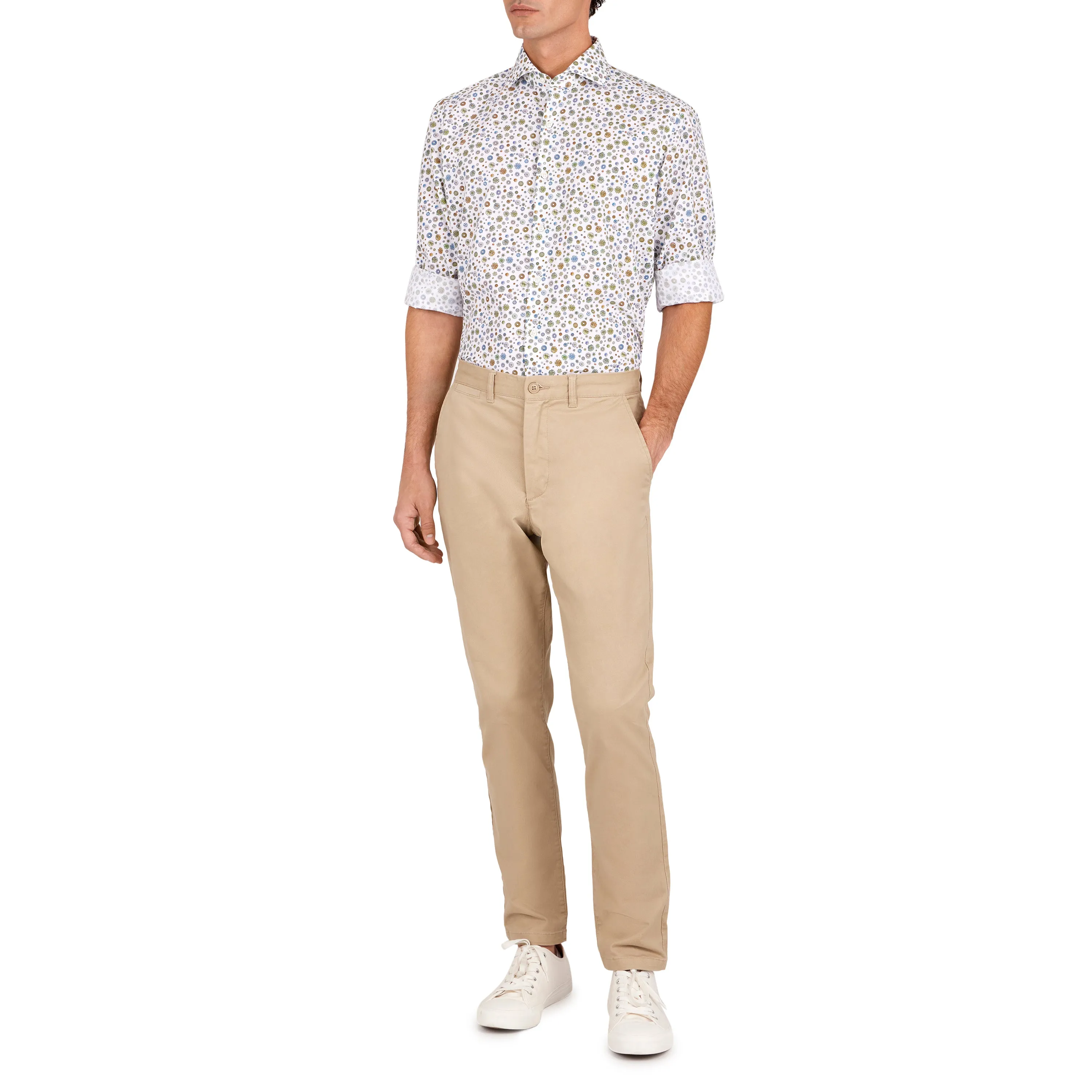 Havana '32 White Ground Repeating Flower Print Sport Shirt