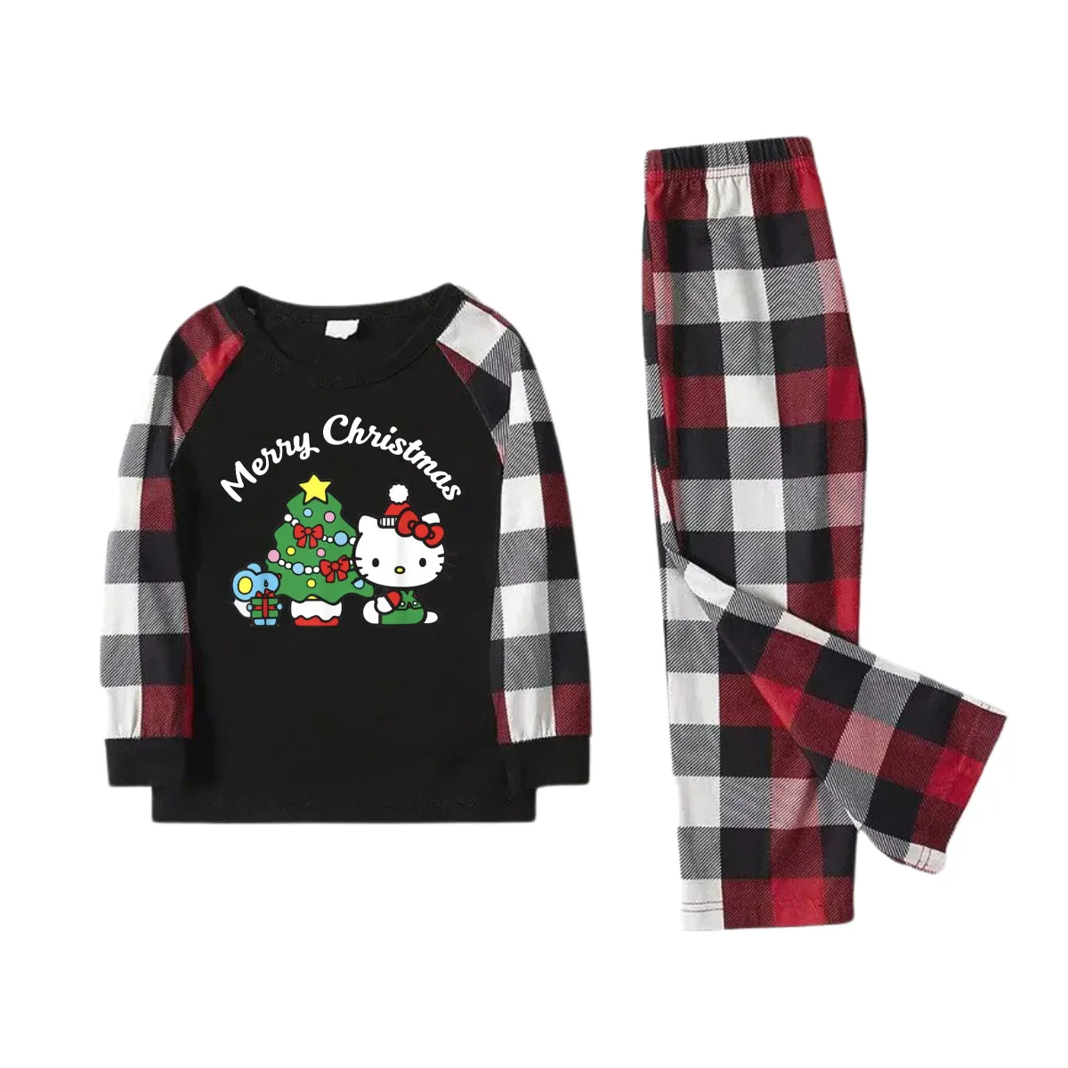 Hellokitty with Merry Christmas Letter and Tree Printed Black and Red Plaid Family Pajama Set