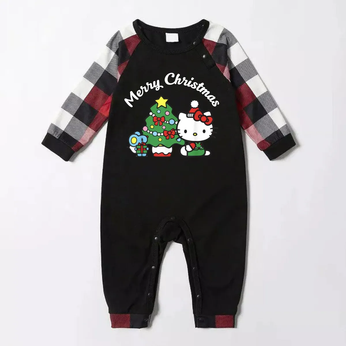 Hellokitty with Merry Christmas Letter and Tree Printed Black and Red Plaid Family Pajama Set