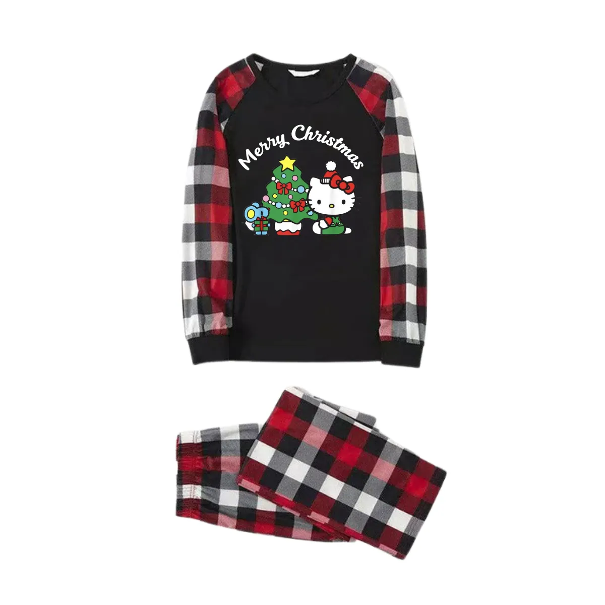 Hellokitty with Merry Christmas Letter and Tree Printed Black and Red Plaid Family Pajama Set
