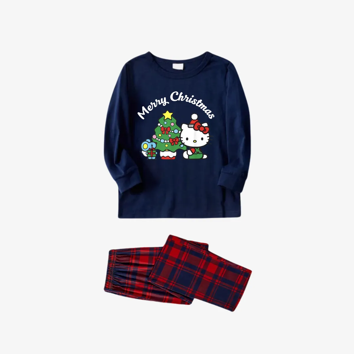 Hellokitty with Merry Christmas Letter and Tree Printed Red&Blue Plaid Family Pajama Sets