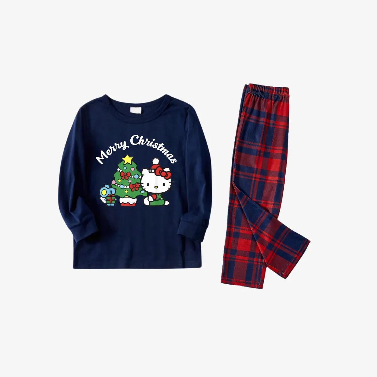 Hellokitty with Merry Christmas Letter and Tree Printed Red&Blue Plaid Family Pajama Sets
