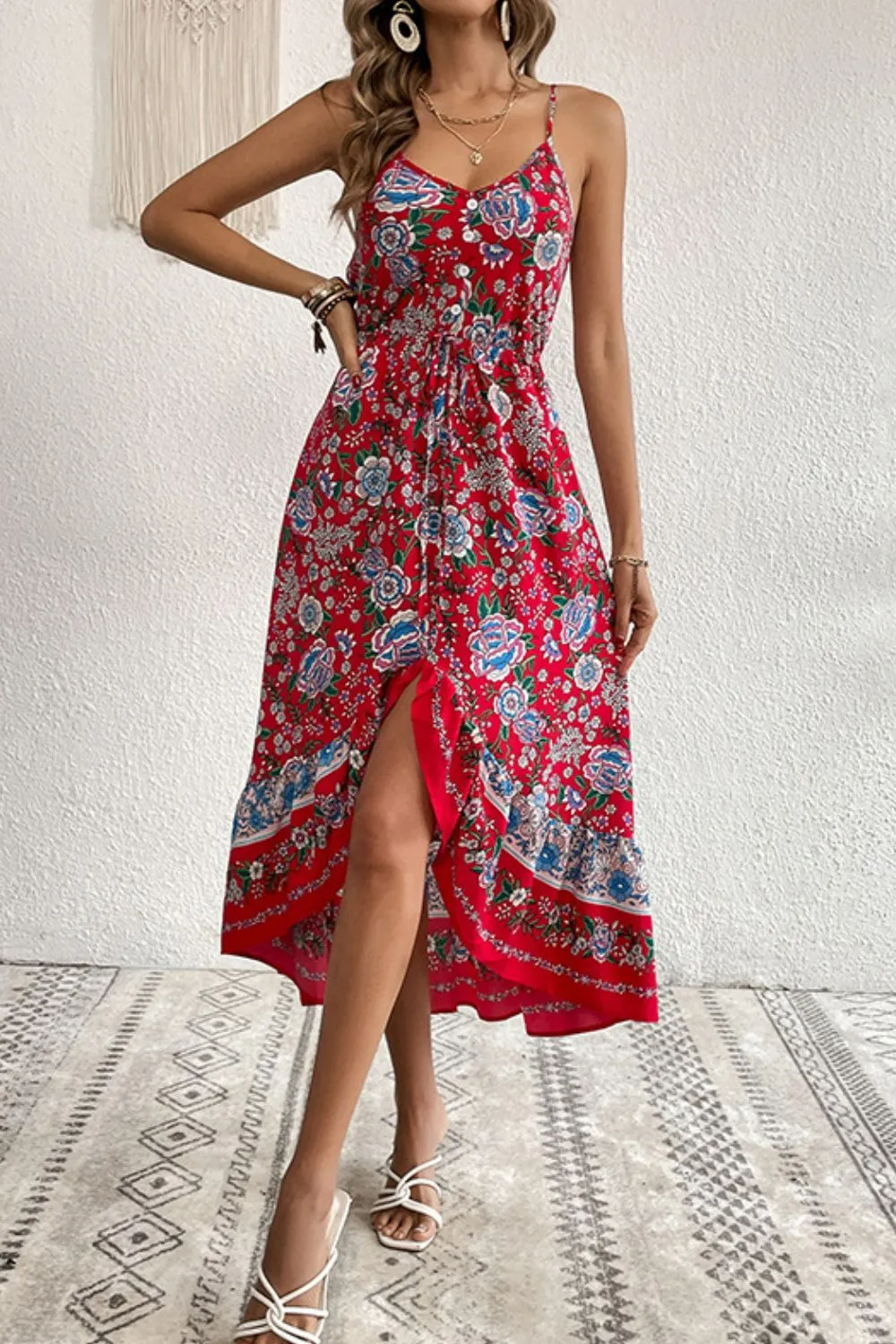 Here Comes The Sun Bohemian Decorative Button Spaghetti Strap Dress