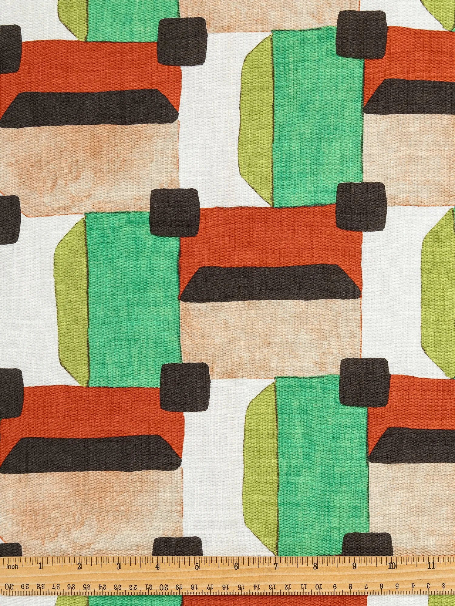 Italian Geo Print Viscose Linen Deadstock - Tan   Green   Red - Swatch