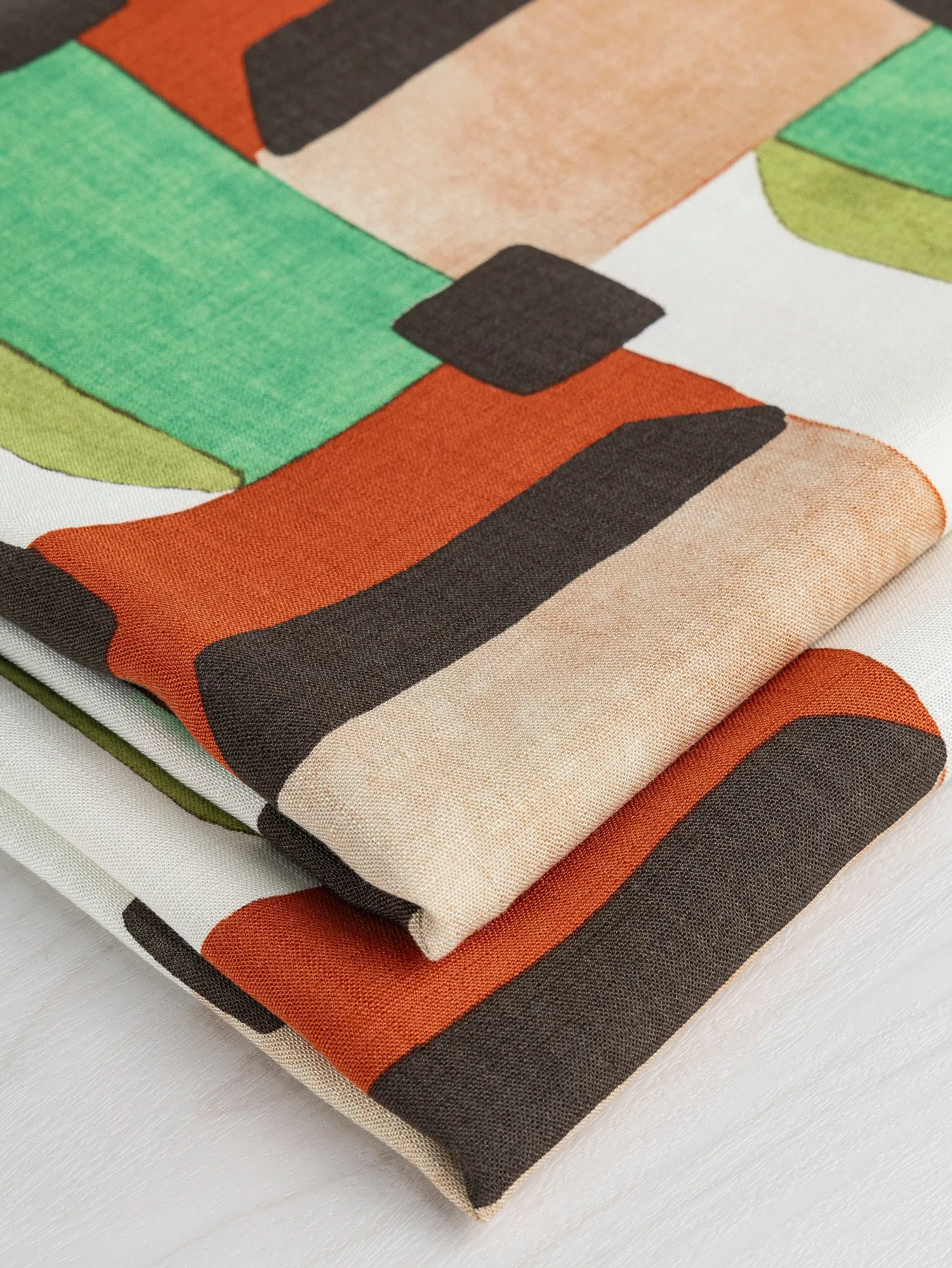 Italian Geo Print Viscose Linen Deadstock - Tan   Green   Red - Swatch