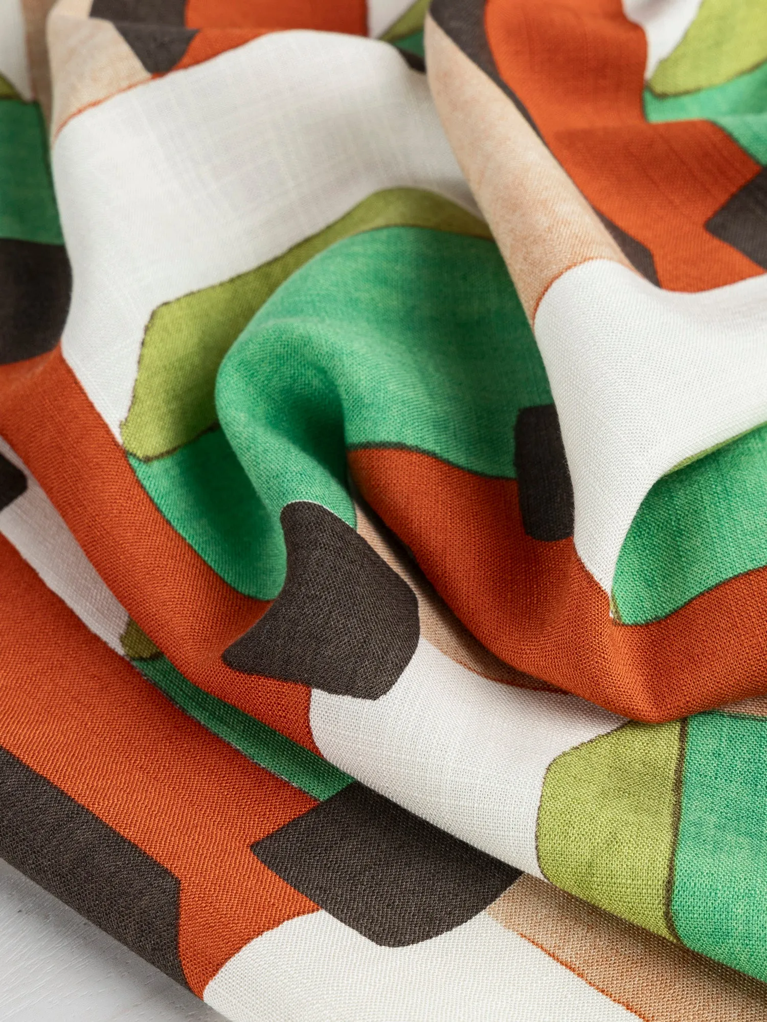 Italian Geo Print Viscose Linen Deadstock - Tan   Green   Red - Swatch