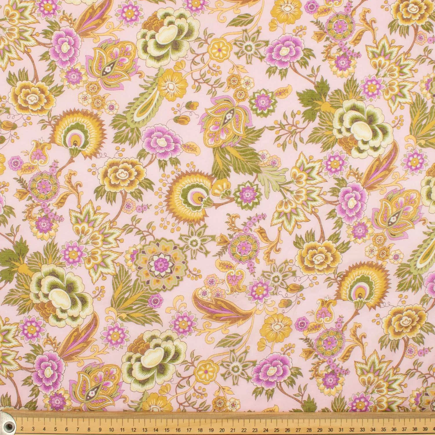 Japanese Pure Cotton Lawn Prints Design-196 Beige Florals & Green Leaves on Baby Pink
