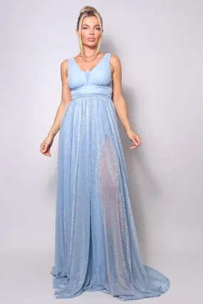 Light Blue Sleeveless Deep V Glitter Ice Queen Maxi Dress