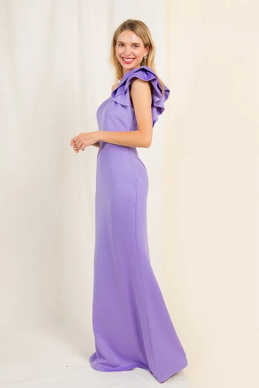 Light Purple Ruffle Detailed One Shoulder Mermaid Maxi Dress