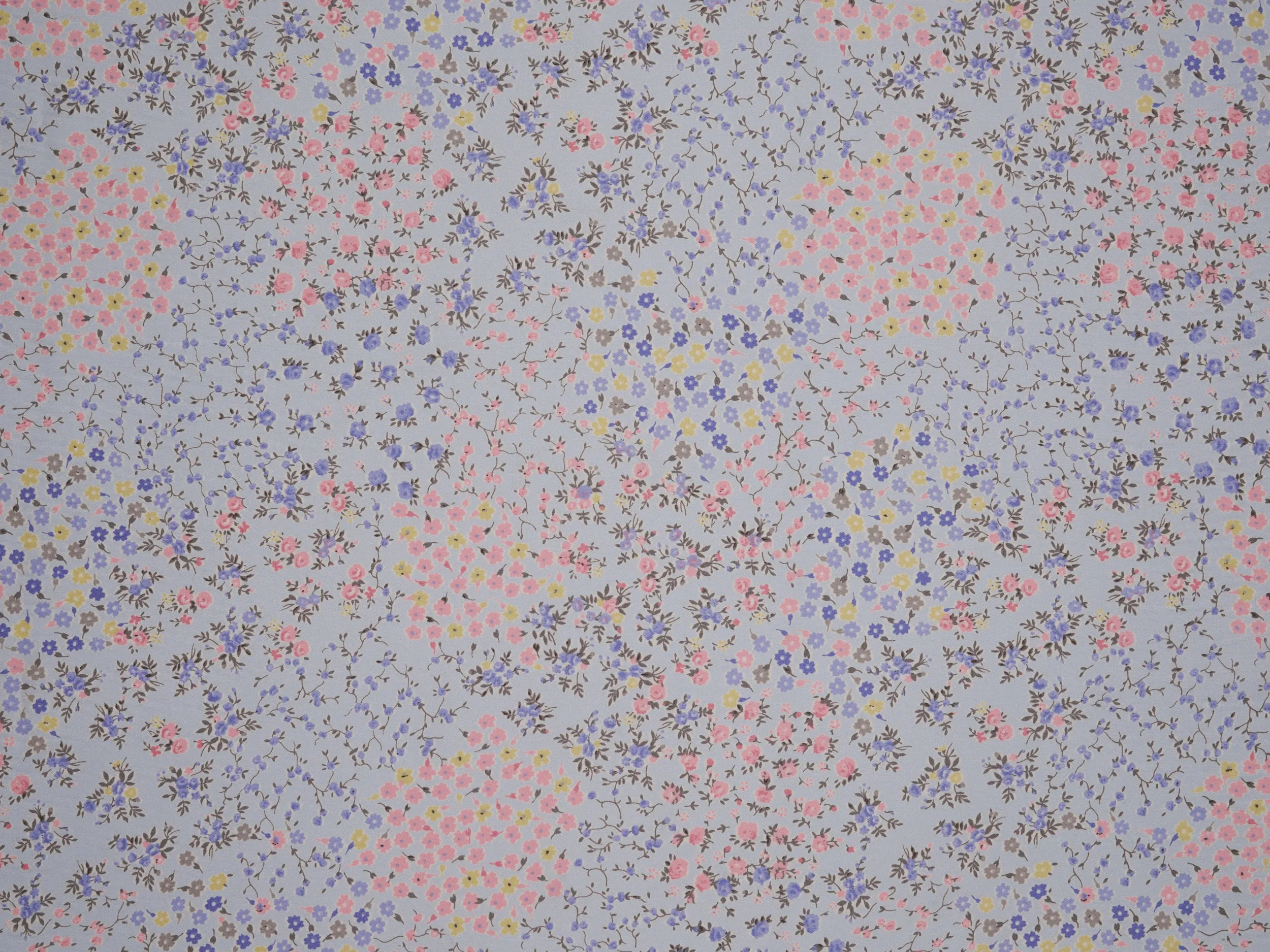 Lightweight  satin  fabric - Pink and light blue dainty floral print