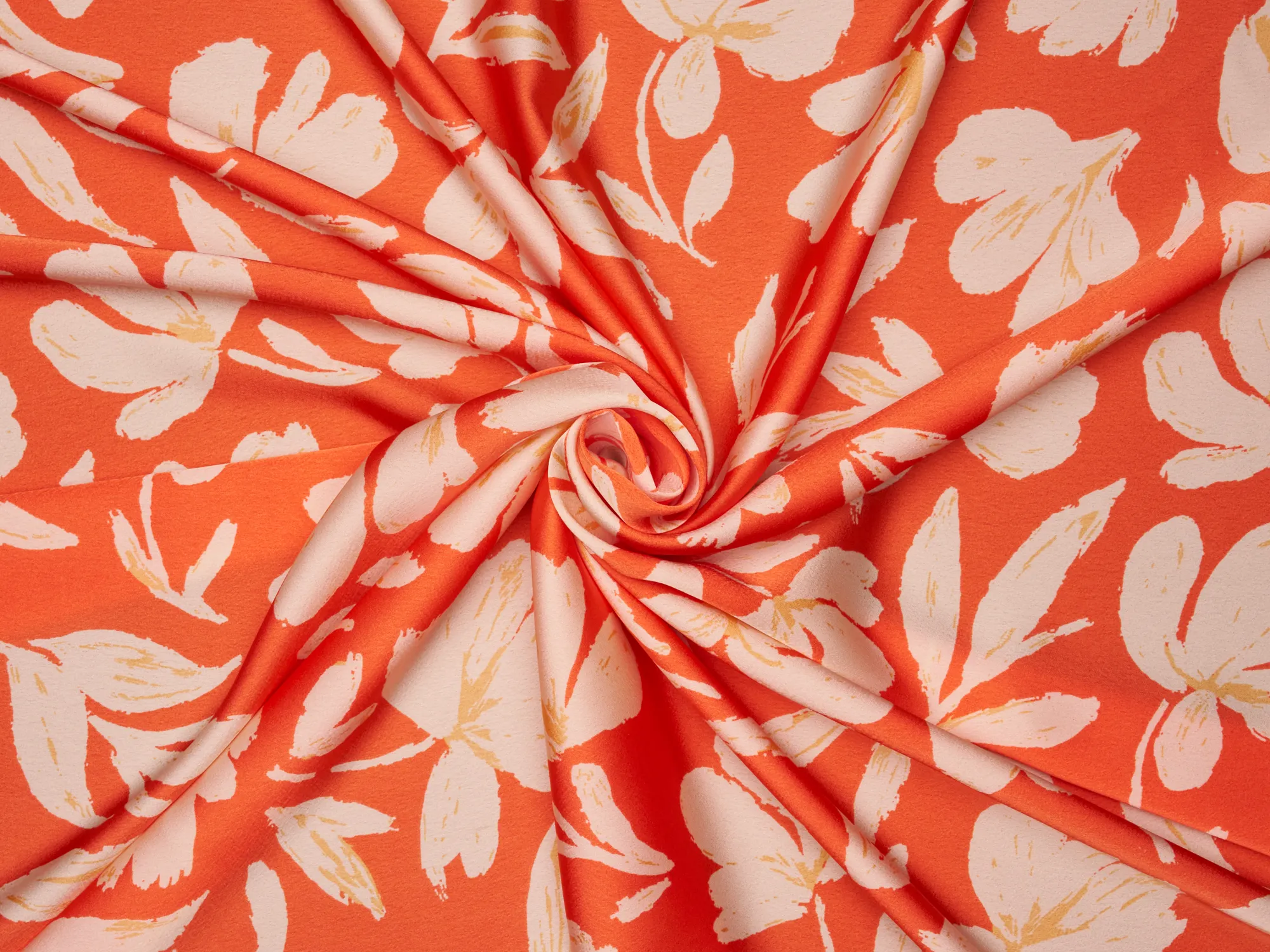 Lightweight  satin  fabric - White flowers on Orange    Floral    print