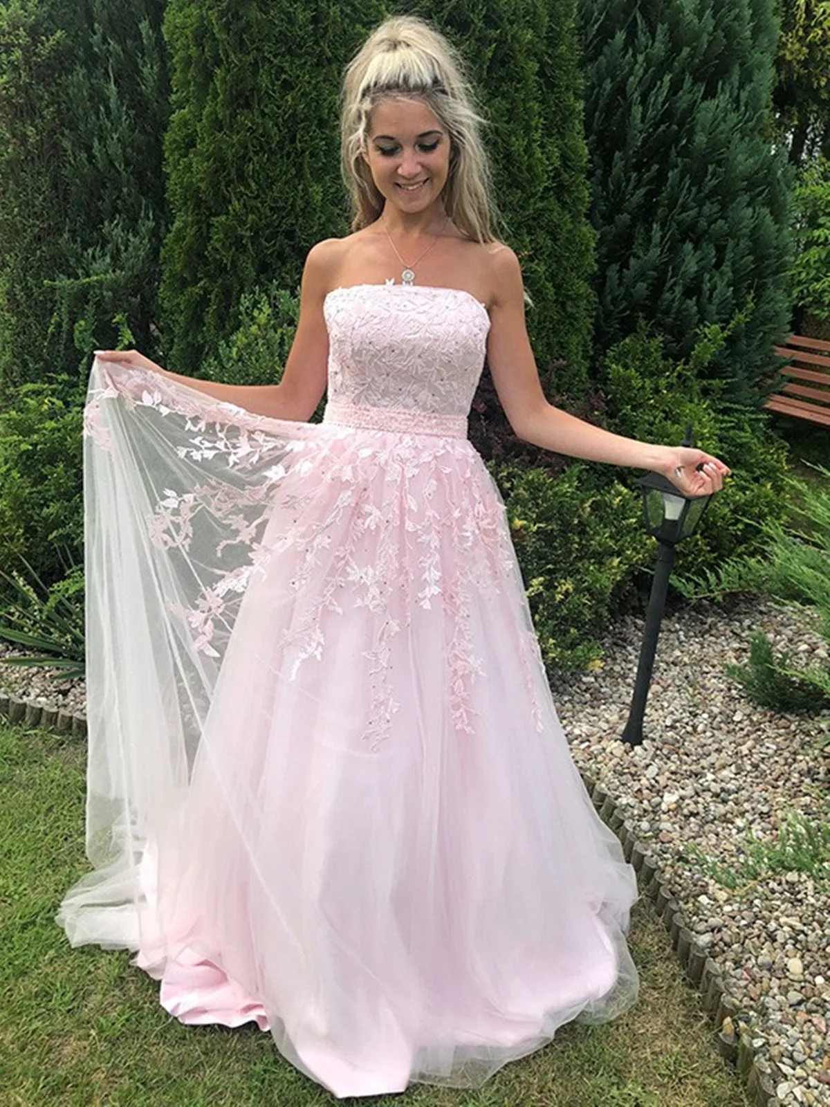 Long A-line Strapless Tulle Lace Prom Dress Pink Formal Graduation Evening Gowns