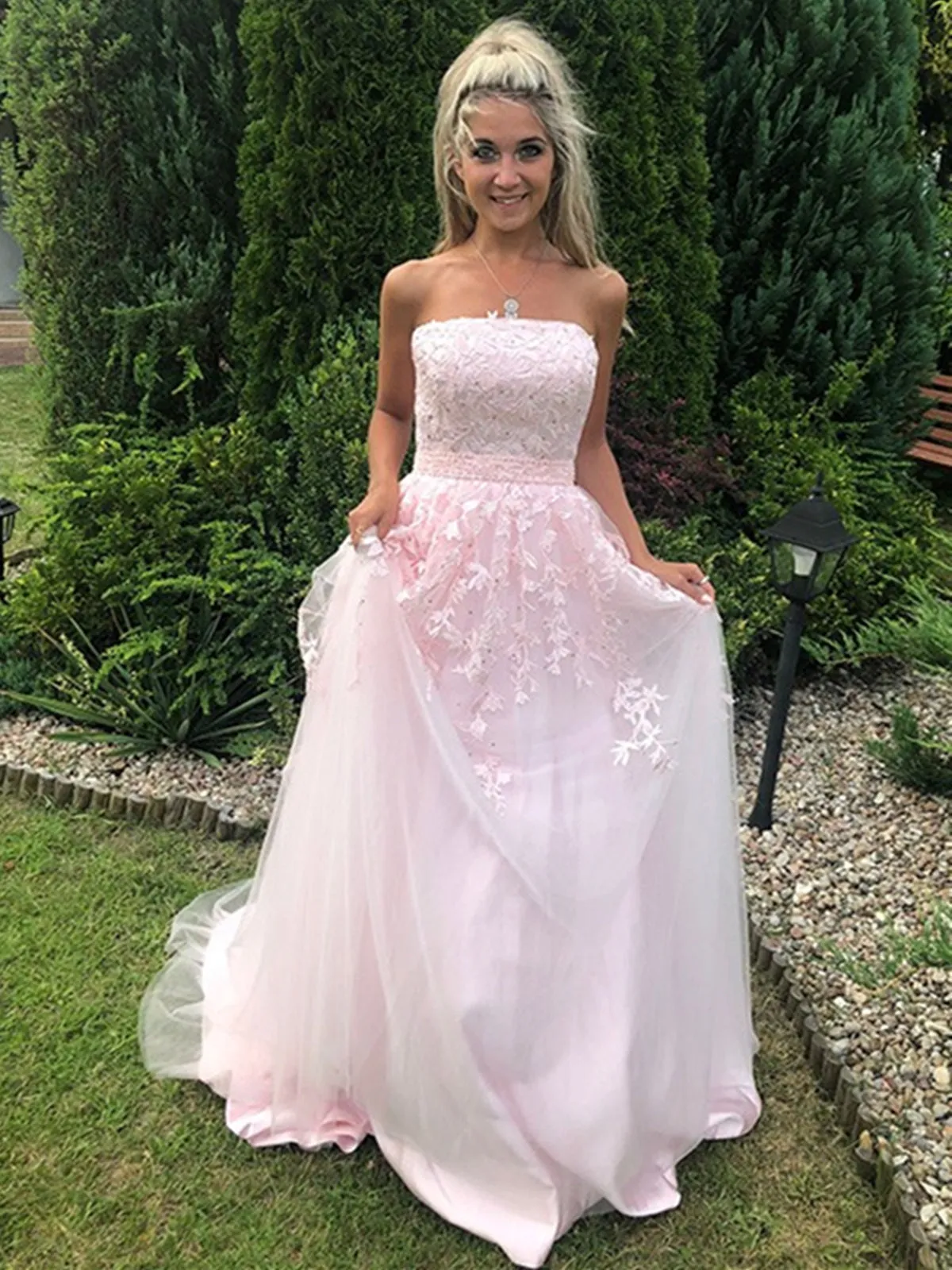 Long A-line Strapless Tulle Lace Prom Dress Pink Formal Graduation Evening Gowns