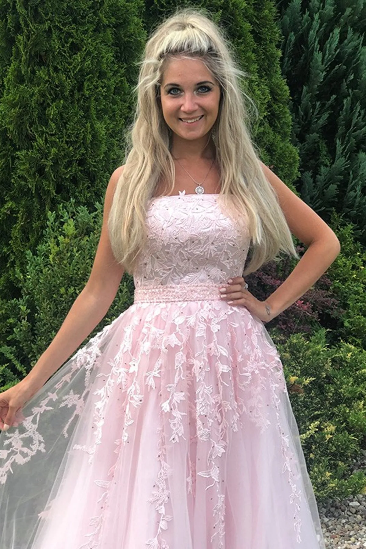 Long A-line Strapless Tulle Lace Prom Dress Pink Formal Graduation Evening Gowns