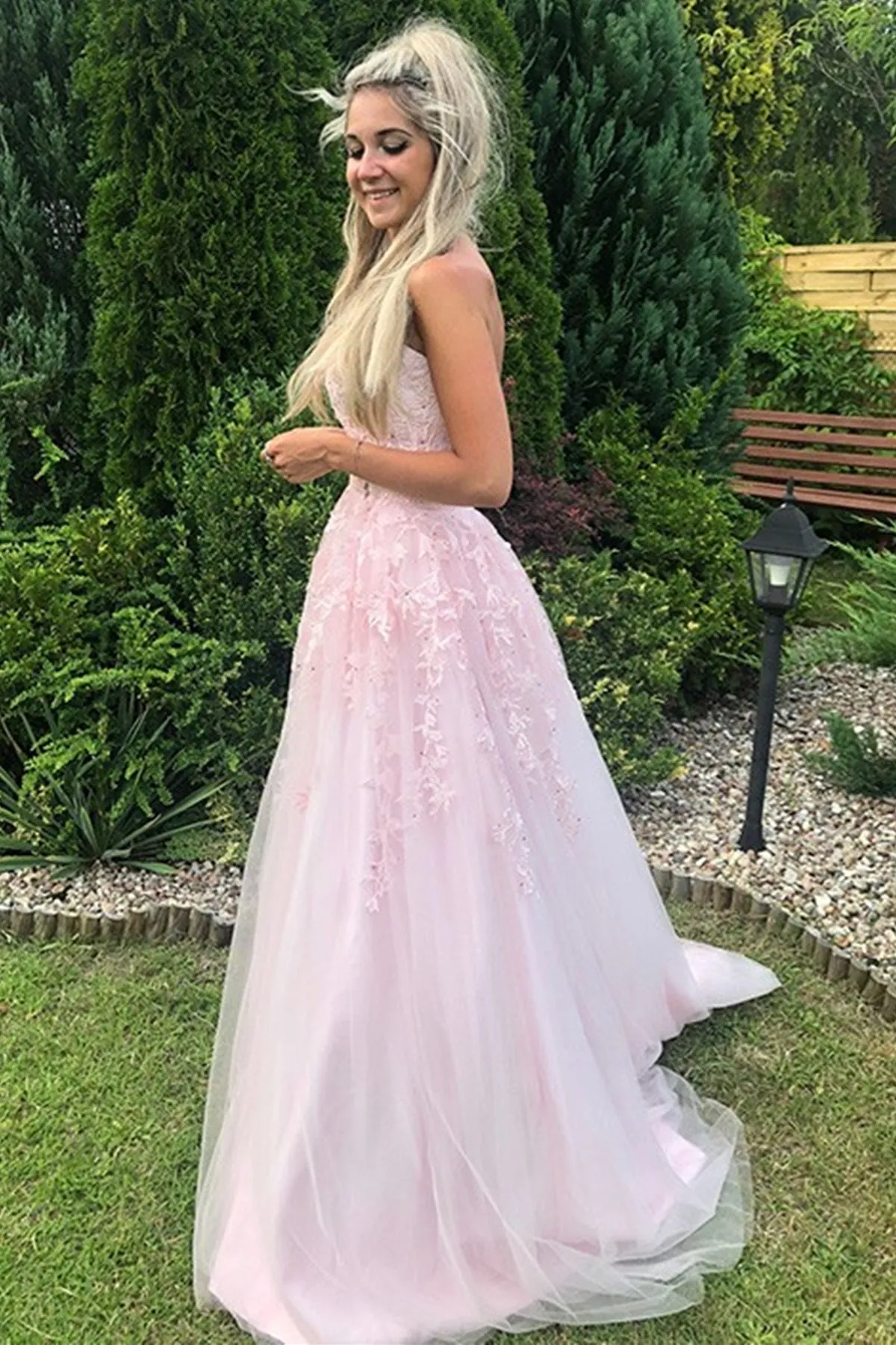 Long A-line Strapless Tulle Lace Prom Dress Pink Formal Graduation Evening Gowns