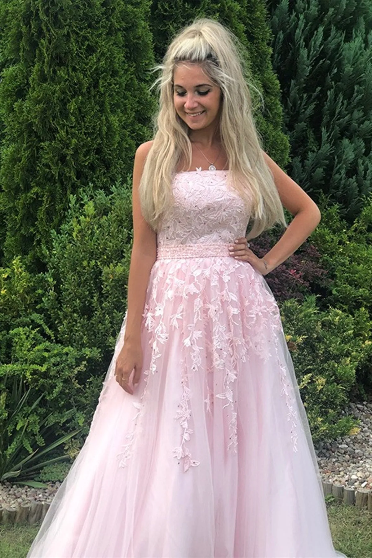 Long A-line Strapless Tulle Lace Prom Dress Pink Formal Graduation Evening Gowns