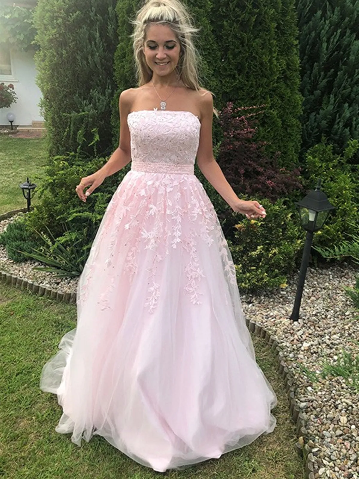 Long A-line Strapless Tulle Lace Prom Dress Pink Formal Graduation Evening Gowns