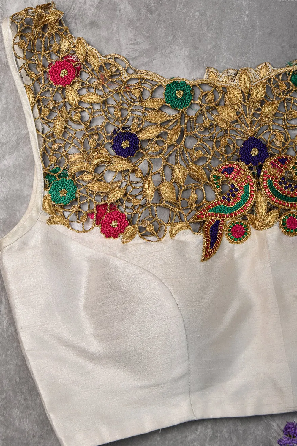 Make your own size: Hand Cutwork Yoke raw Silk Blouse with meenakari resham |Shobitam Blouse