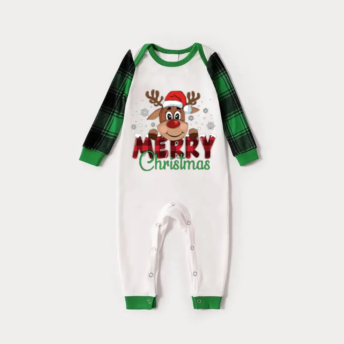 Merry Christmas and Deer Print Long Sleeve Top With Green & Black Plaid Christmas Family Matching Pajamas