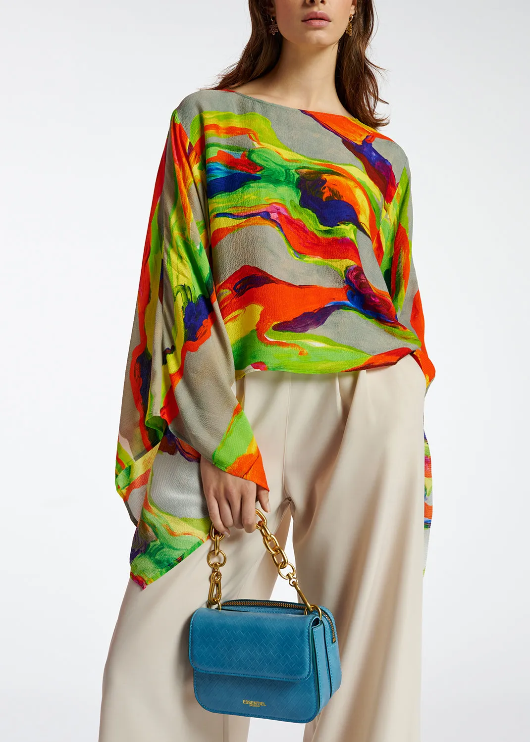 Multicolor cape-like top with paint stroke print
