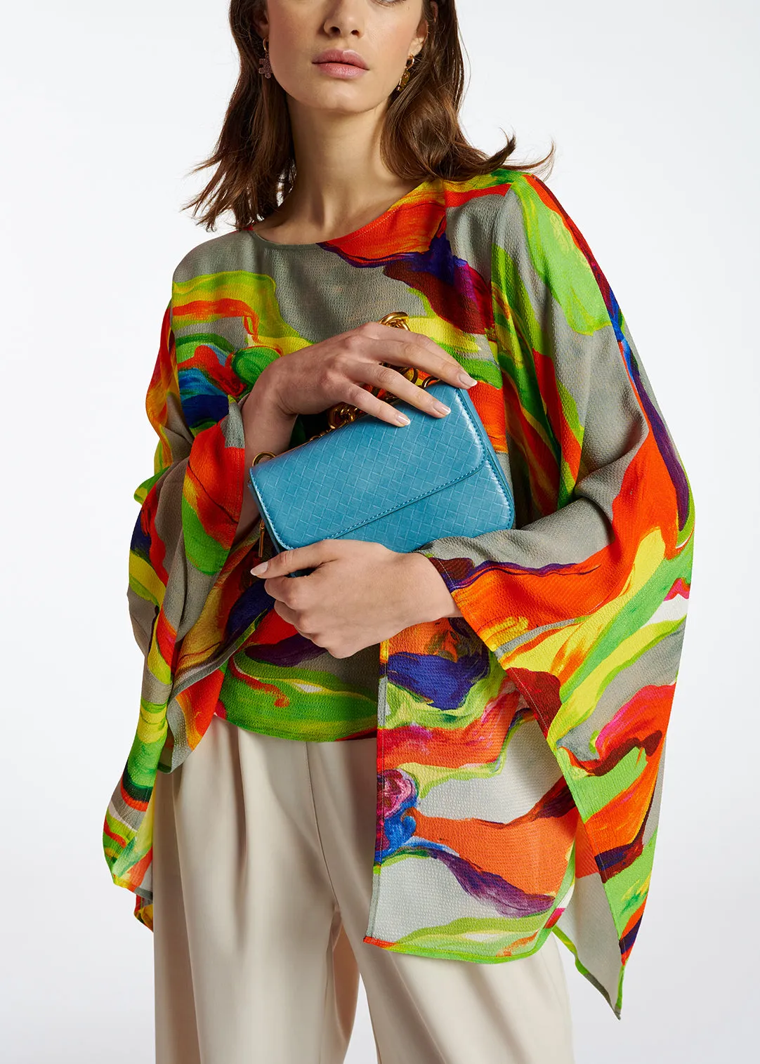 Multicolor cape-like top with paint stroke print