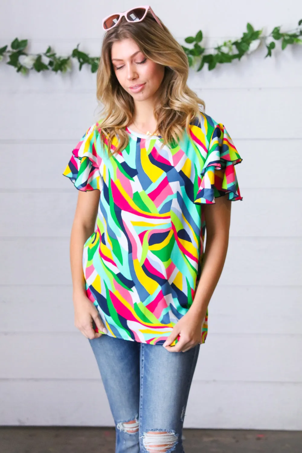 Multicolor Geo Flutter Sleeve Woven Blouse Top