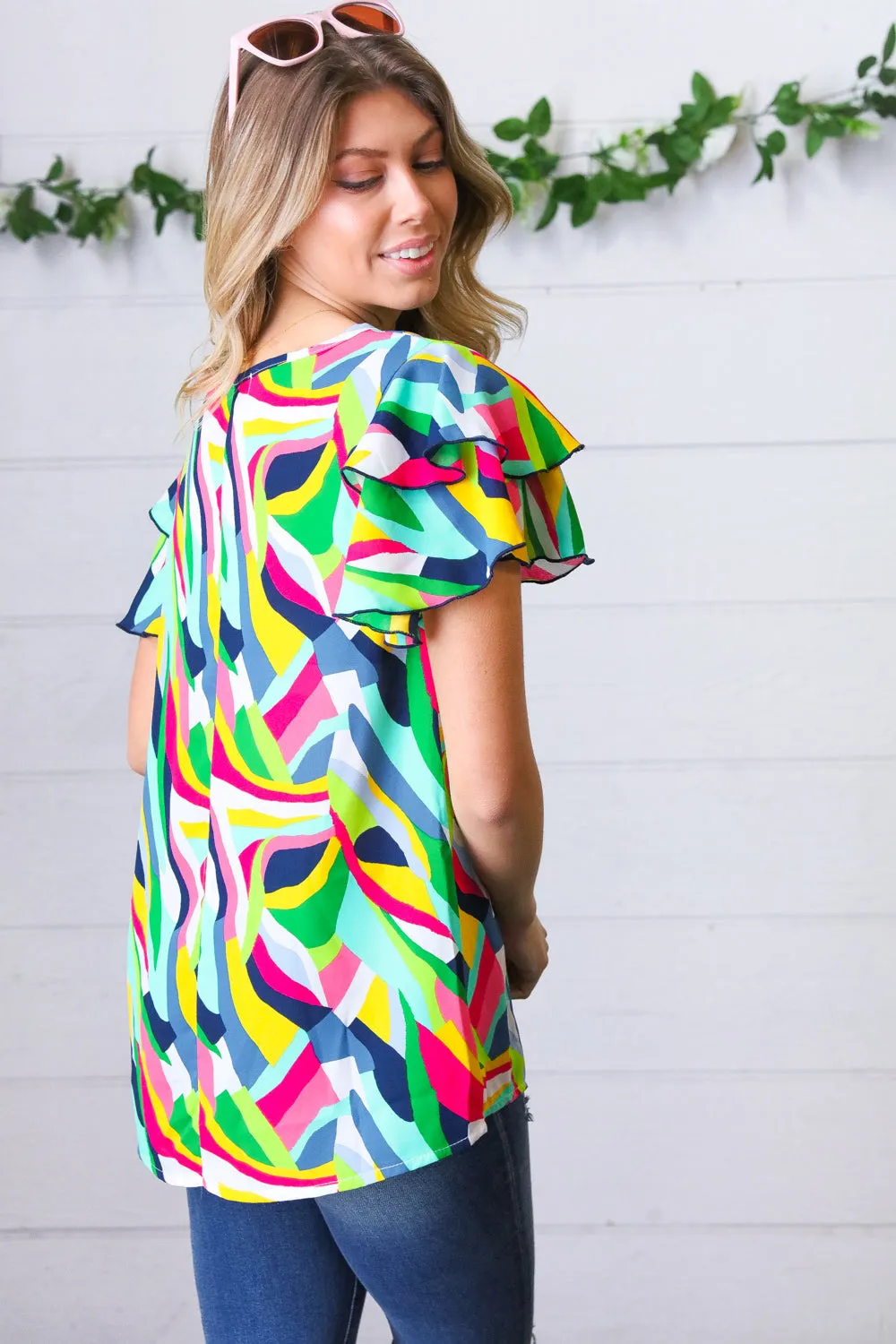 Multicolor Geo Flutter Sleeve Woven Blouse Top