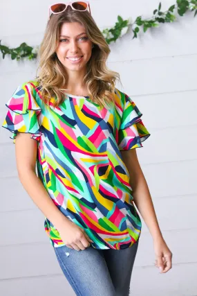 Multicolor Geo Flutter Sleeve Woven Blouse Top