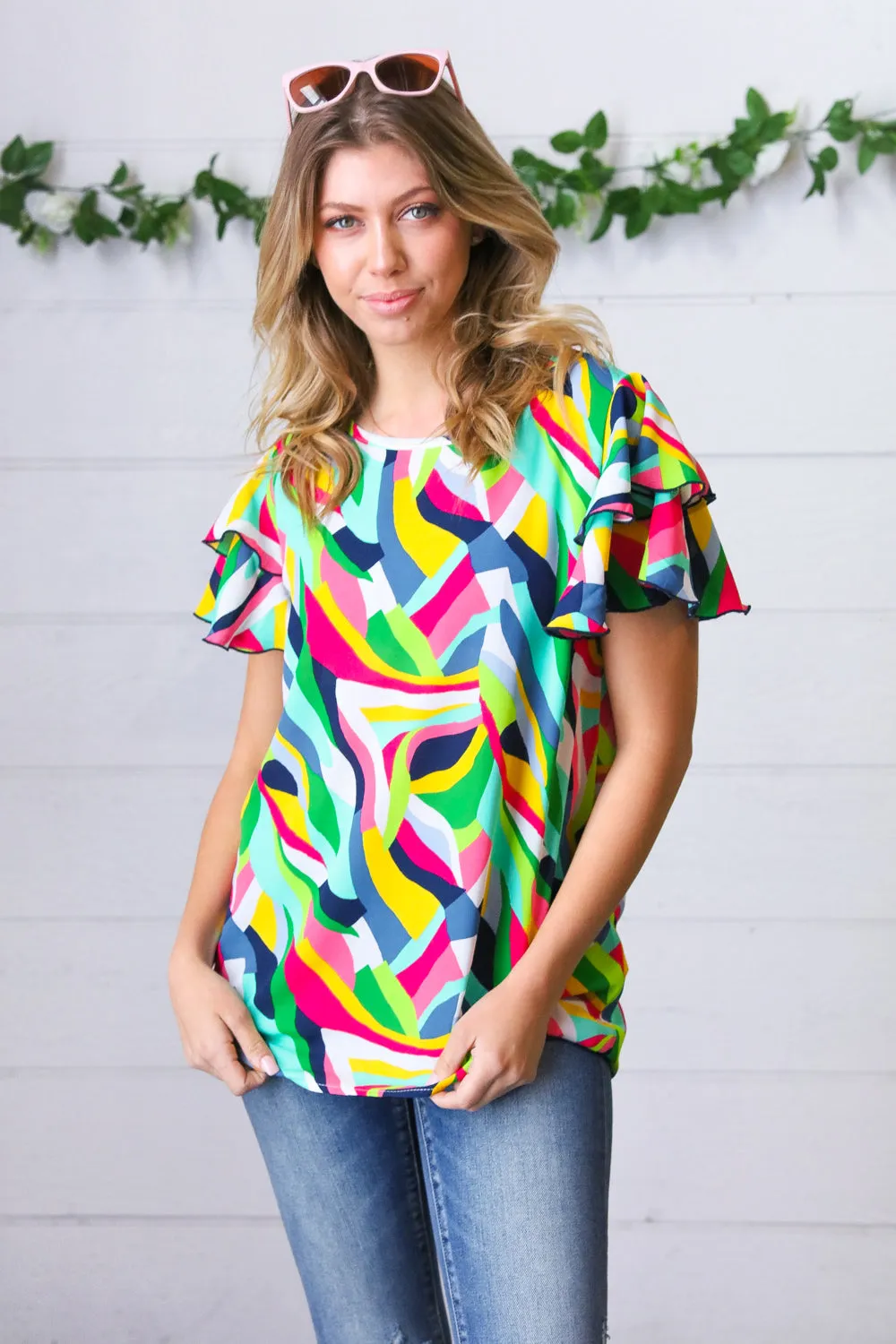 Multicolor Geo Flutter Sleeve Woven Blouse Top