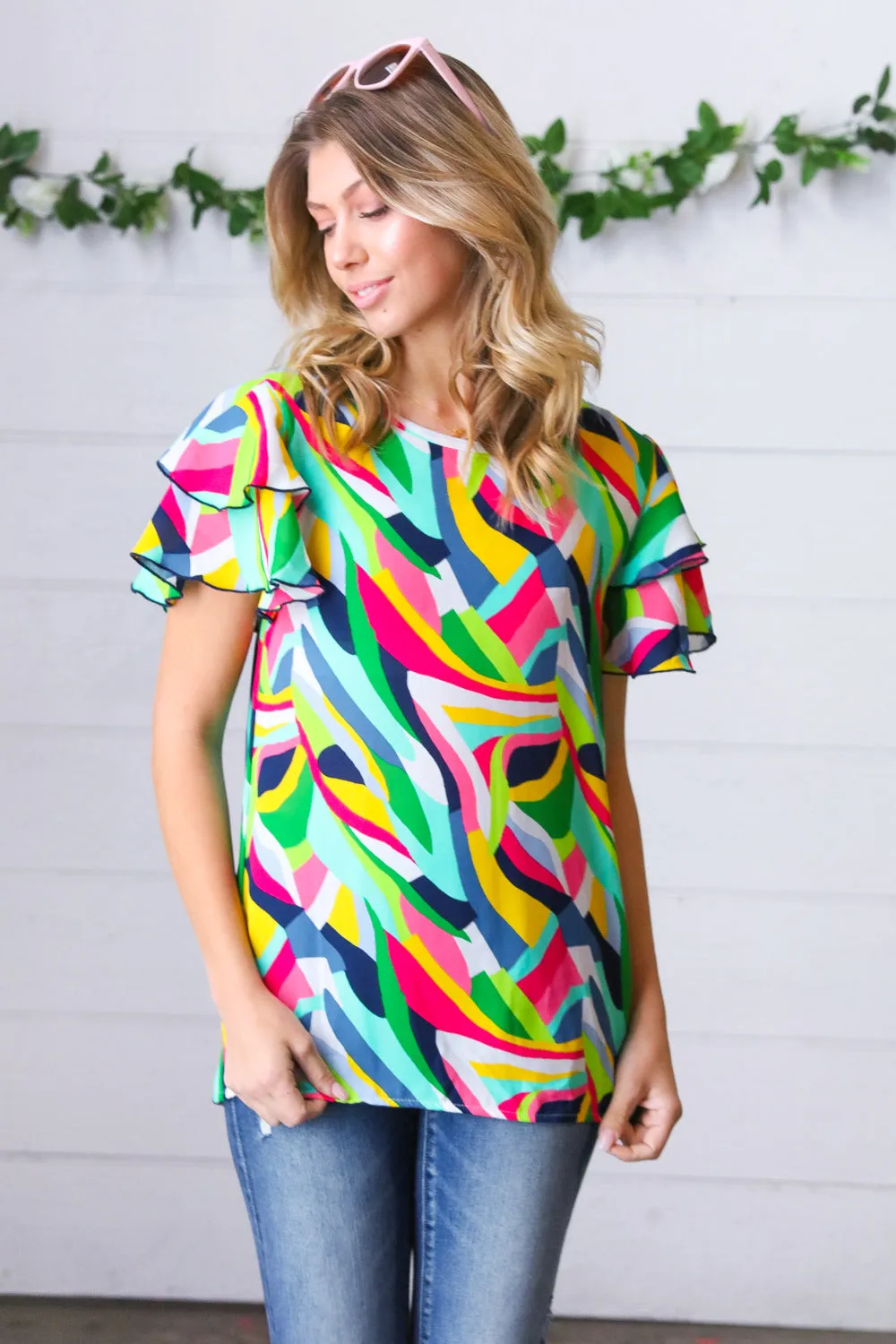 Multicolor Geo Flutter Sleeve Woven Blouse Top