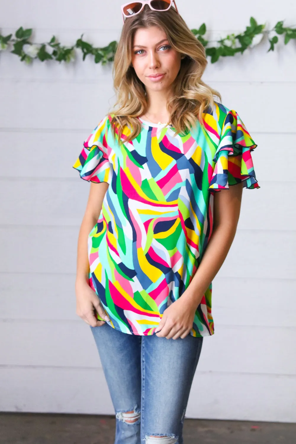 Multicolor Geo Flutter Sleeve Woven Blouse Top