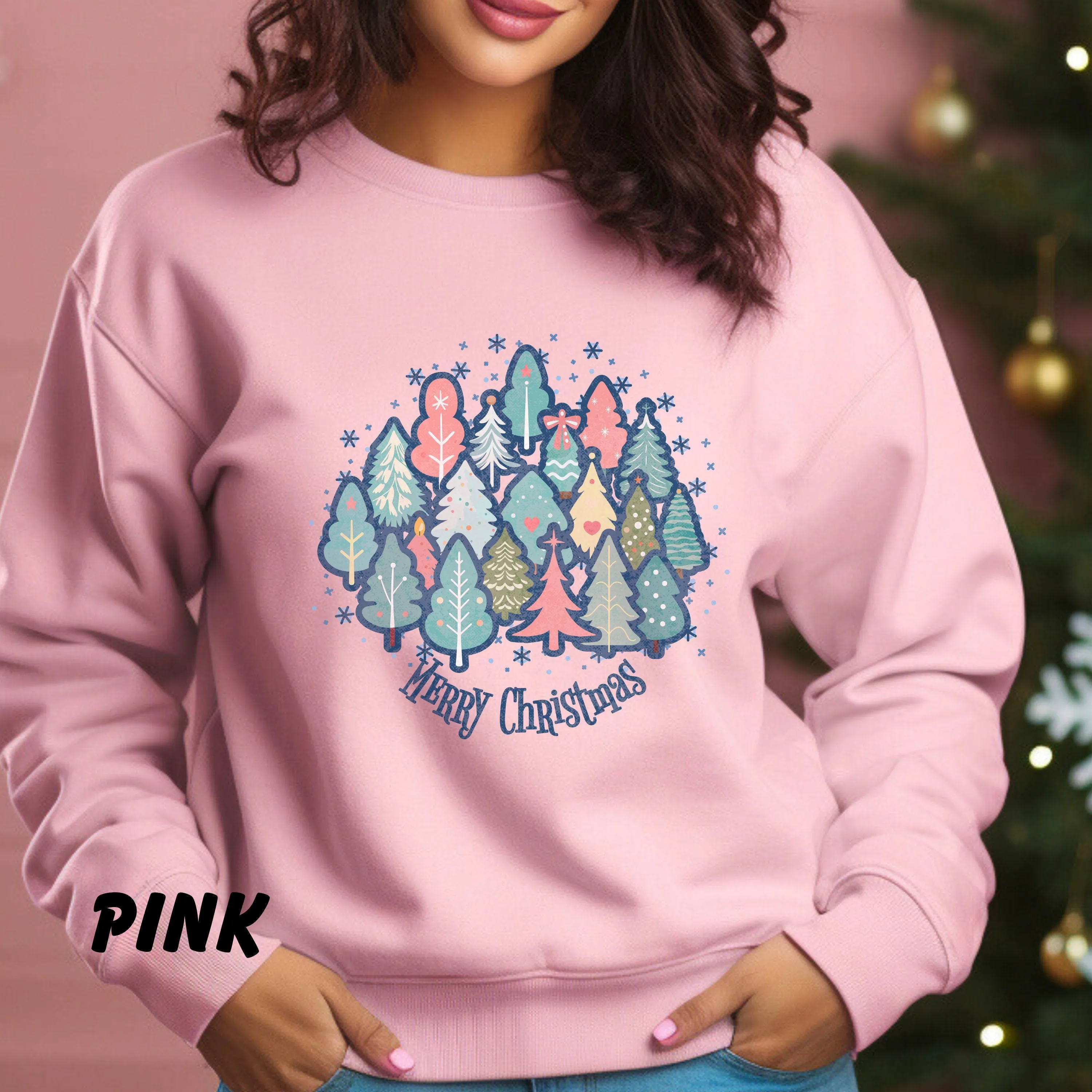 Pastel Christmas Trees Merry, Christmas Sweatshirt