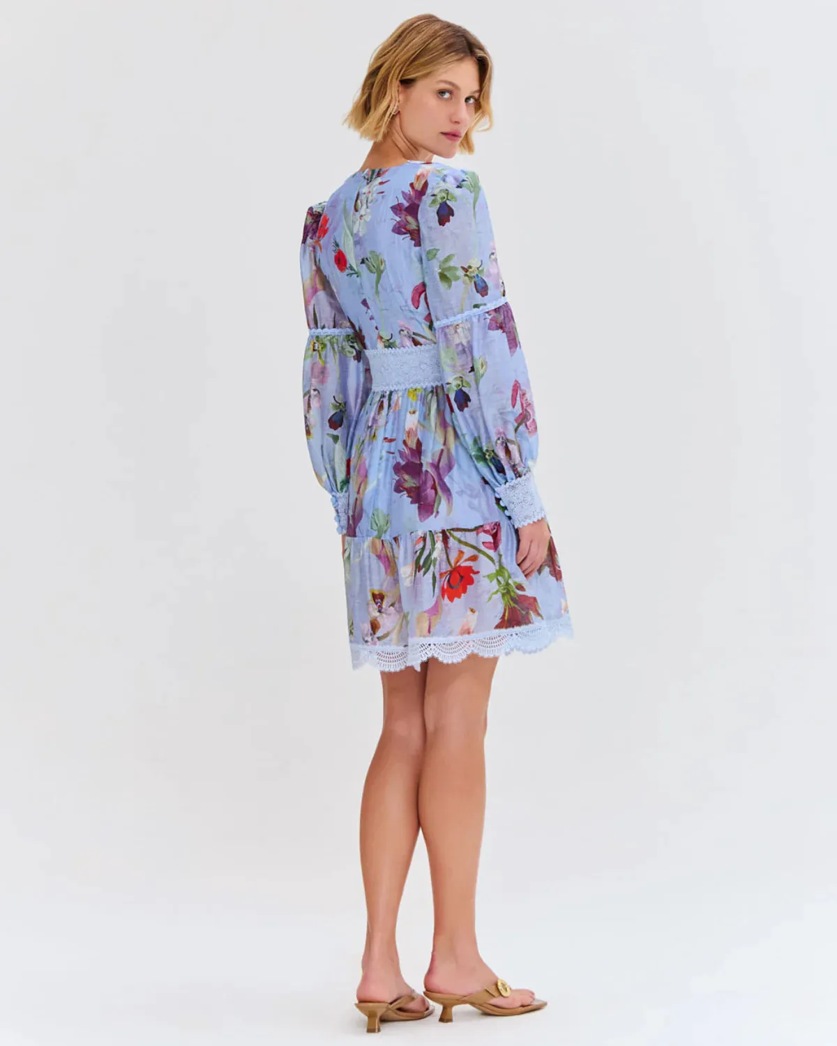 PatBo Lily Flower Long Sleeve Plunge Mini Dress