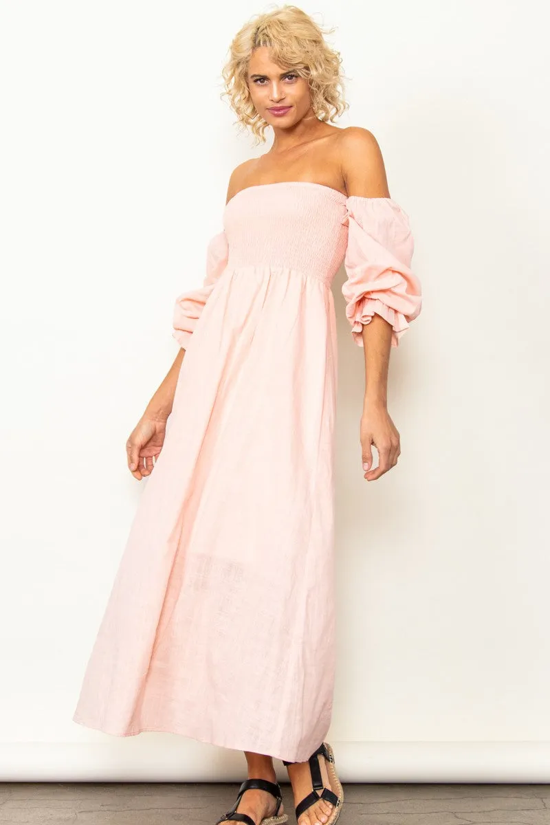 Peach On And Off Shoulder Smocked Chest Maxi Linen Dress
