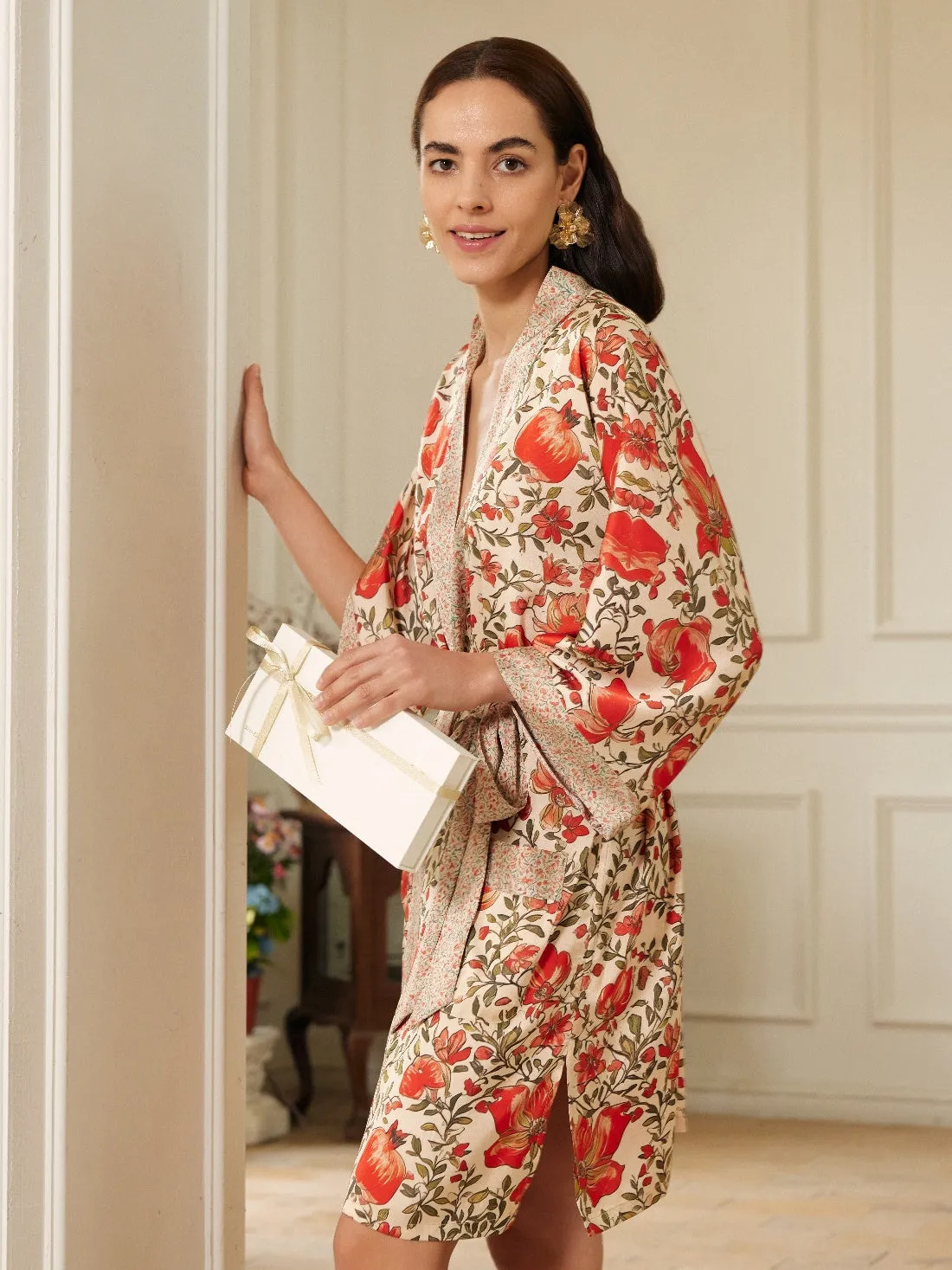 Pomegranate Garden Short  Robe with Pockets