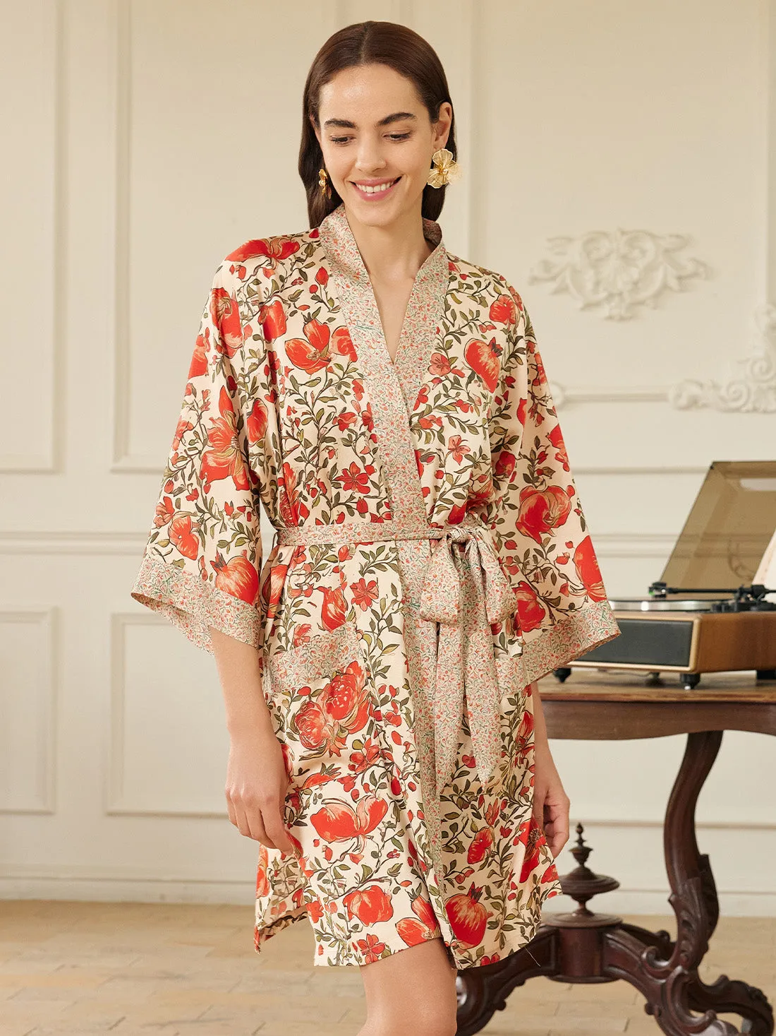 Pomegranate Garden Short  Robe with Pockets