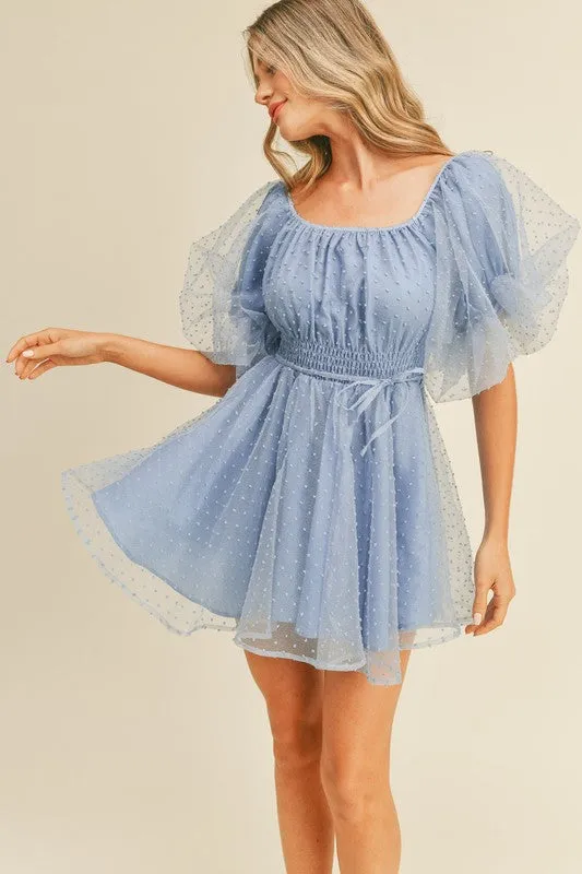 Powder Blue Mesh Dot Bubble Sleeve Flared Mini Dress