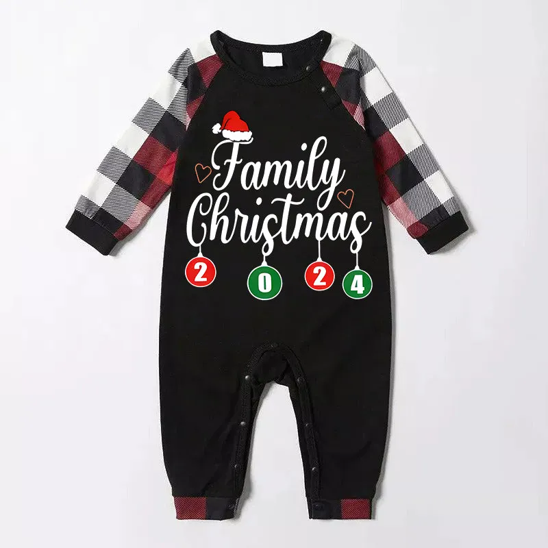 "Family Christmas" 2024 Letter Print Red & Black & Grey & White Plaid Family Matching Pajamas