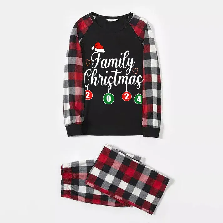 "Family Christmas" 2024 Letter Print Red & Black & Grey & White Plaid Family Matching Pajamas