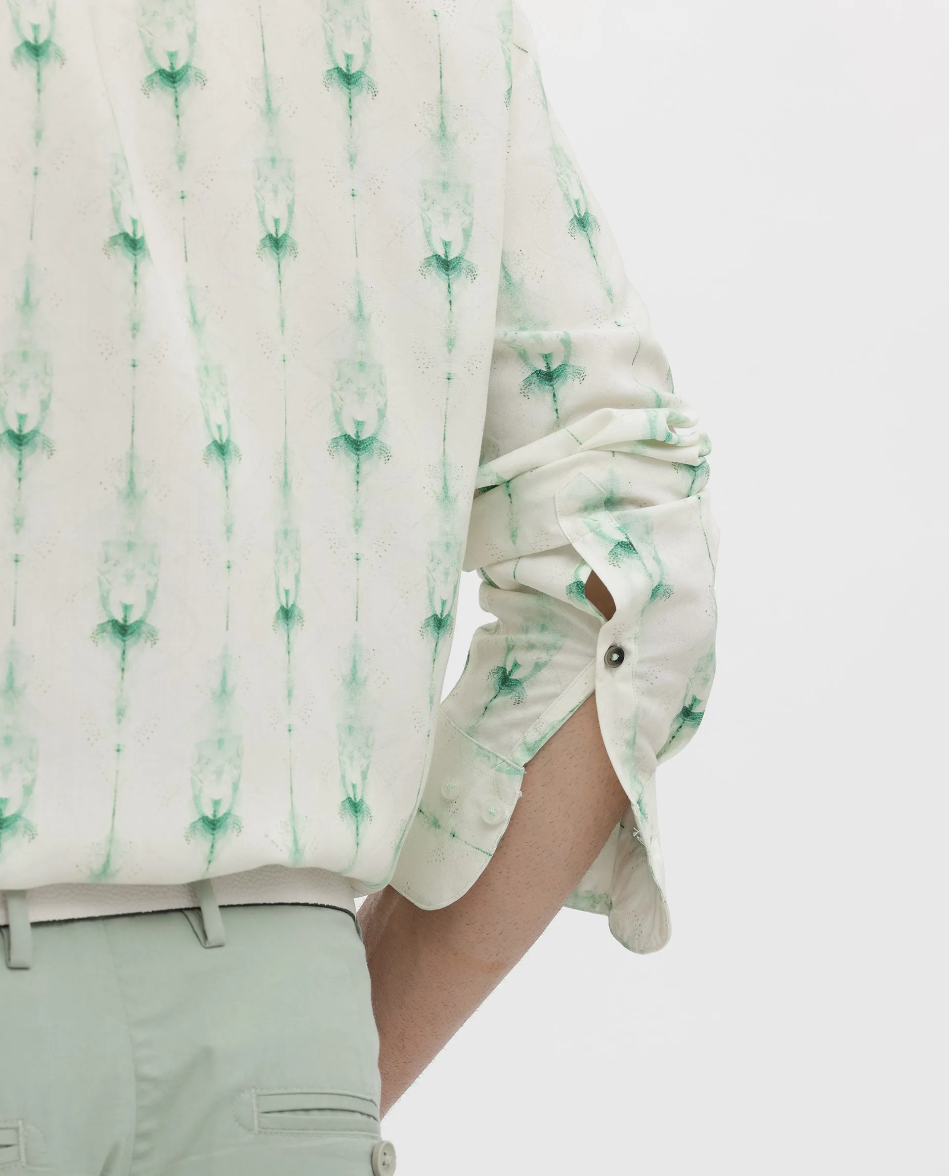 Rare Rabbit Men's Mallard Light Green Viscose Fabric Full Sleeves Abstract Print Shirt
