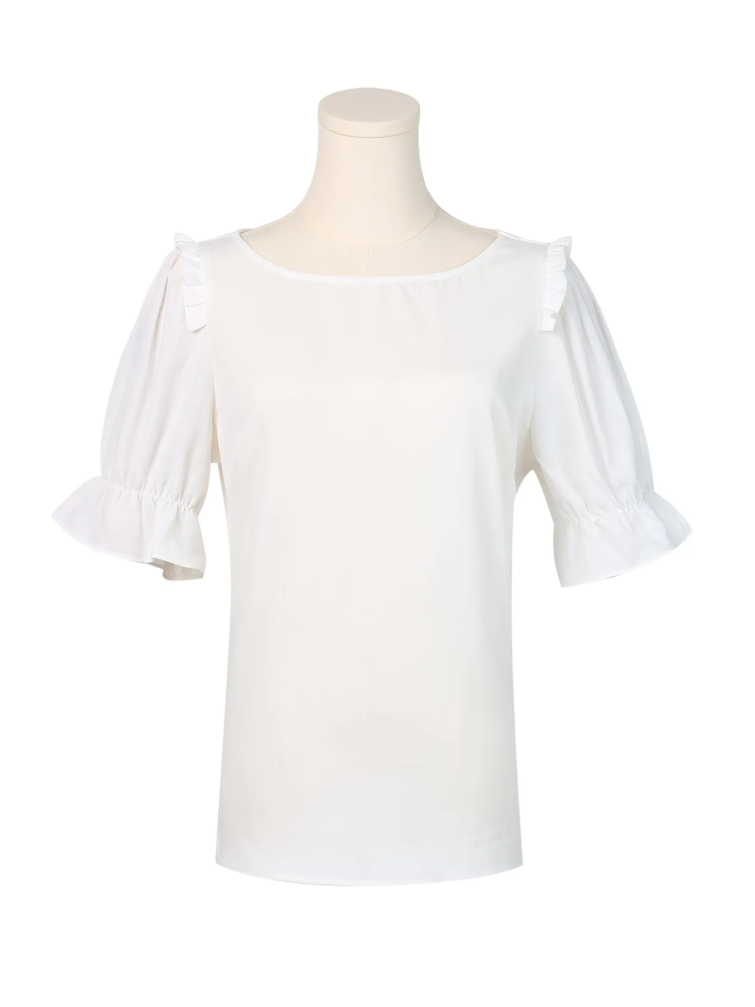 Round Neck Short Puff Sleeve Ruffle Top Blouse