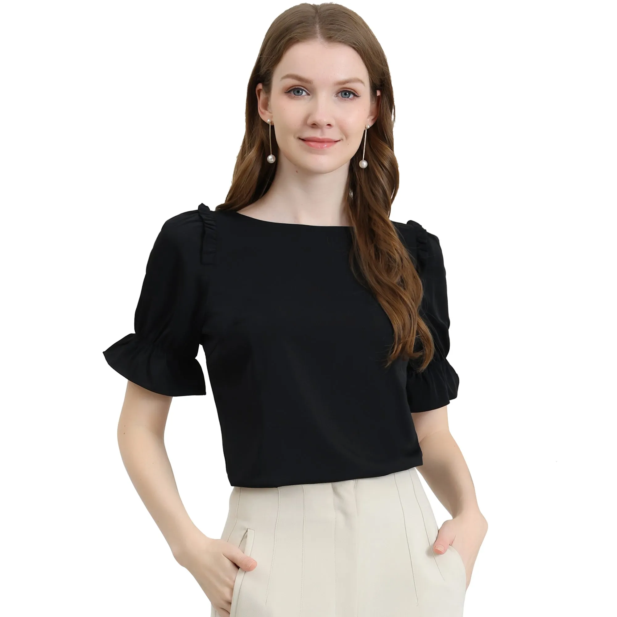 Round Neck Short Puff Sleeve Ruffle Top Blouse