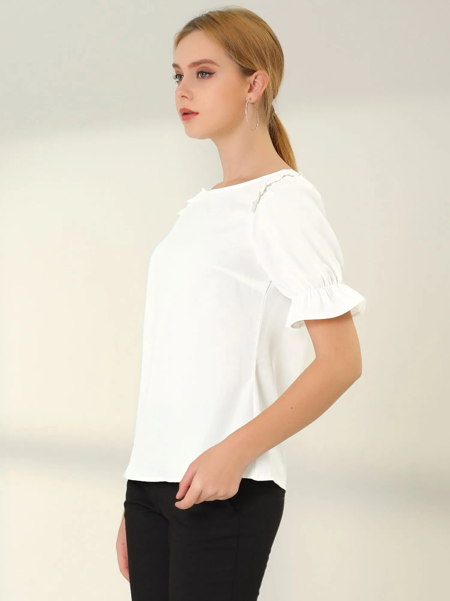 Round Neck Short Puff Sleeve Ruffle Top Blouse