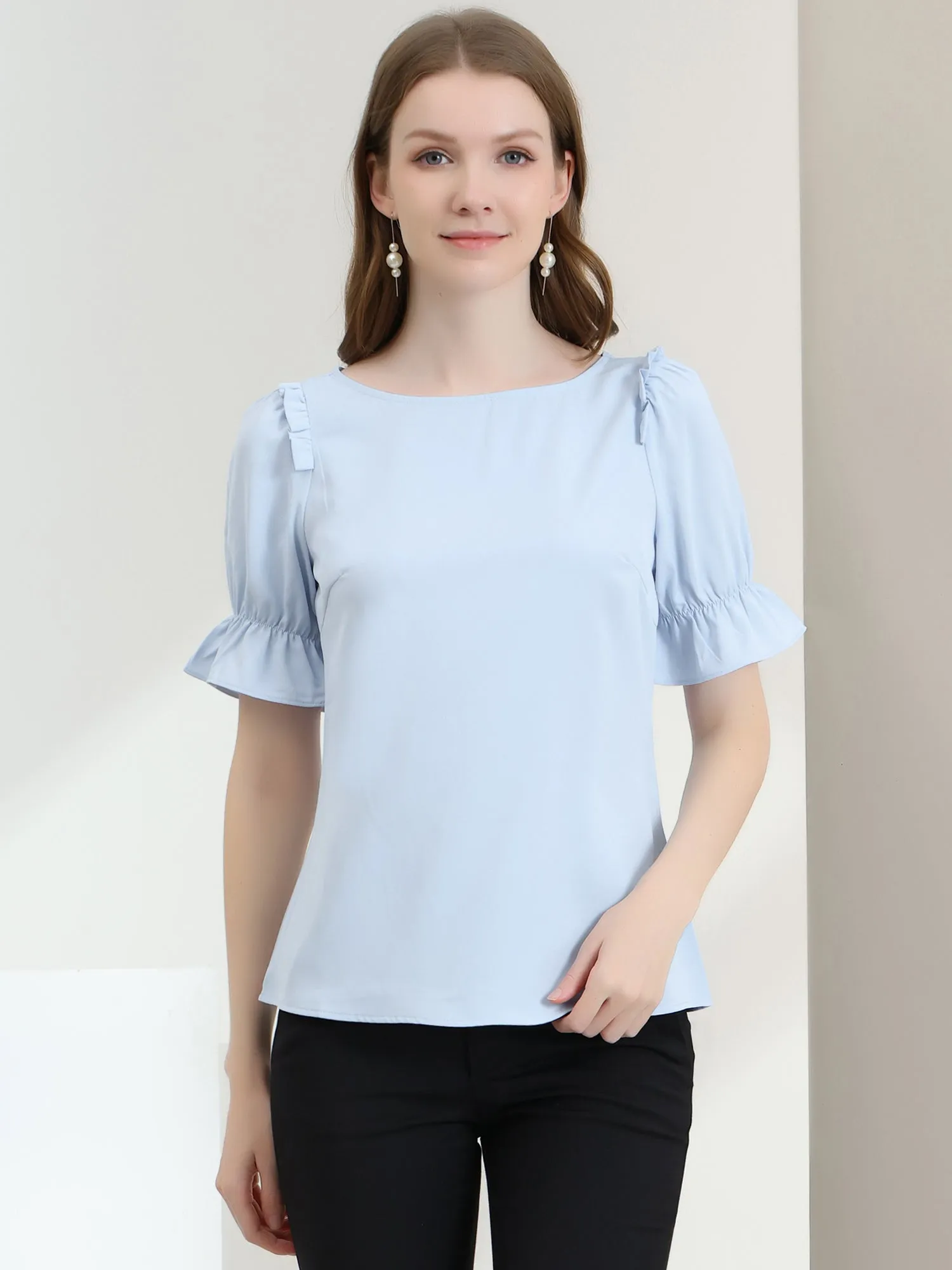 Round Neck Short Puff Sleeve Ruffle Top Blouse