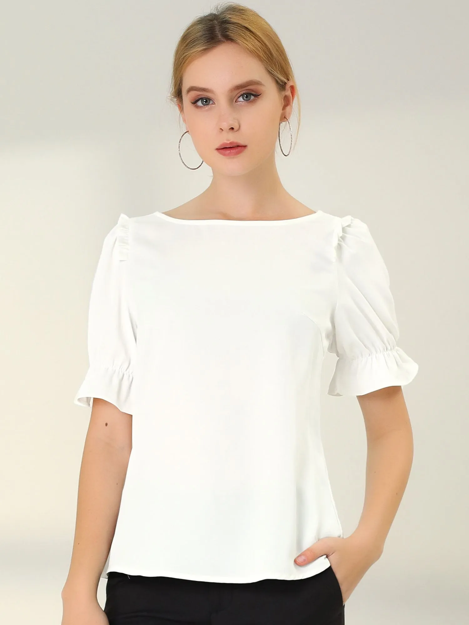 Round Neck Short Puff Sleeve Ruffle Top Blouse
